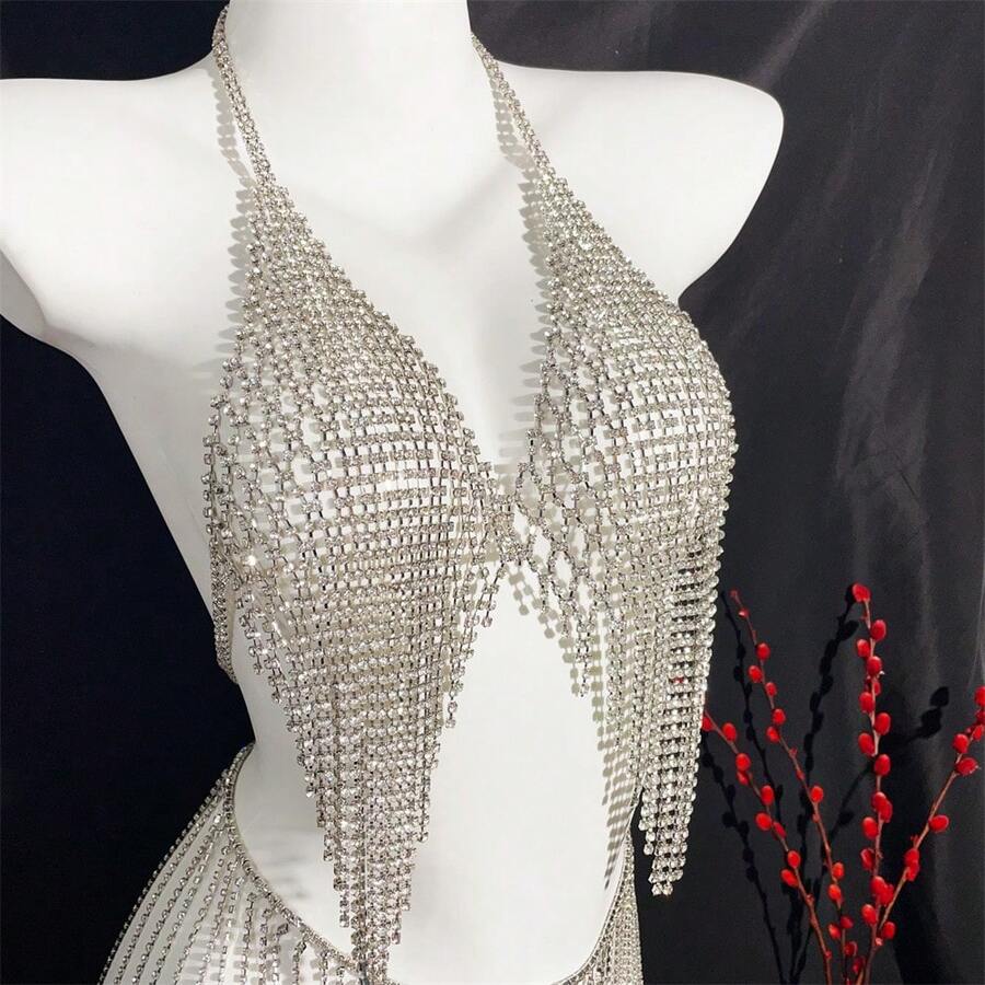Nightclub Party Shiny Tassel Crystal Chest Chain, Women's Sexy Mesh Rhinestone Body Chain - Silver - View 1