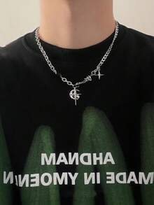 1pc Black Gemstone Spike Necklace, Choker Necklace For Men, European And American Hip-Hop Street Style - Silver - View 2