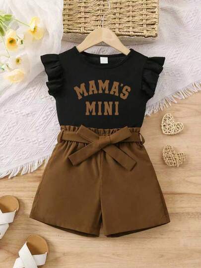 Young Girl Letter Print Ruffle Hem T-Shirt And Solid Color Belted Shorts Set