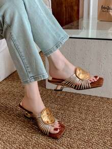 Stylish & Elegant! Handwoven Retro Roman Sandals, Mid-Heel New Design - Gold - View 3