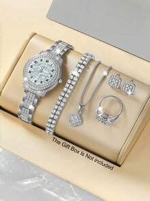 7pcs Elegant Quartz Watch & Jewelry Set, Including Round Ladies Watch, Crystal Necklace, Earrings, Ring, Bracelet (No Gift Box)