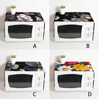 1pc Decorative Floral Print Microwave Oven Dust Cover, Flat Printed Linen Material, Non-Waterproof, With Side Pocket, Home Decor, Appliance Protection, Easy To Use And Clean