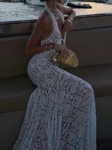 Women Sexy See Through Sheer Lace Halter Long Dress Sleeveless Backless Floral Patch Maxi Dress Summer Beach Vacation Party Cover Up Dress - 白色 - 查看 3