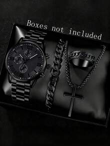 4件套男士黑色钢带时尚休闲商务经典石英表、手链、十字架项链、戒指套装，适合日常佩戴或节日送礼。 - 黑色 - 查看 6