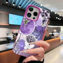 Estuche para teléfono con diseño de mariposa floral morada compatible con  17,  16 Pro Max,  15 Pro Max,  13 y  12. Su elegante textura suave brinda protección contra golpes y caídas. Un regalo perfecto para familiares, amigos, seres queridos, novios/novias y el Día de San Valentín. - Morado - Ver 2