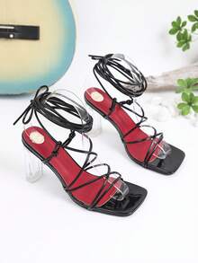 Sandalias de tacón alto con tira cruzada y adorno de cristal de punta cuadrada para mujer - Negro - Ver 5