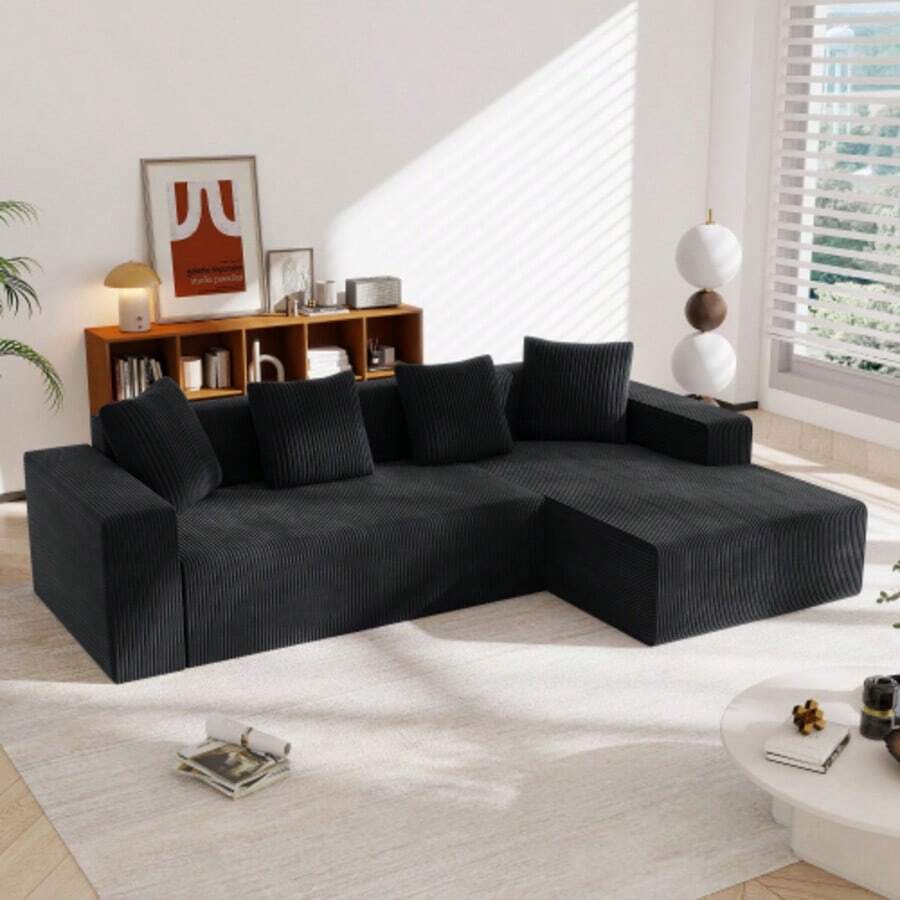 Fully Compressed, Boneless Sofa; Cloud Sofa Combo With L-Shaped Chaise Lounge; Modern Modular Sofa With Deep Seat; Upholstered Sofa For Living Room And Bedroom - Black - View 1