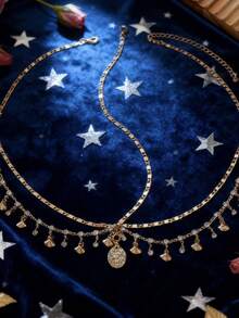 1件装 女孩合金水钻镶嵌贝壳多层流苏几何链条贝壳发箍 - 金色 - 查看 4