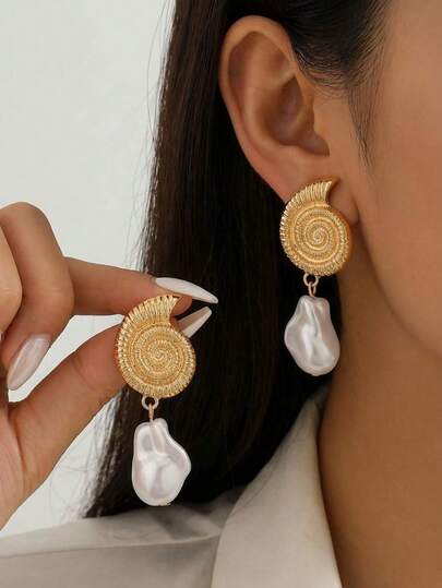 1 par de pendientes bohemios vintage con colgante de caracol en espiral y perla falsa, adecuados para uso diario y de fiesta de las mujeres