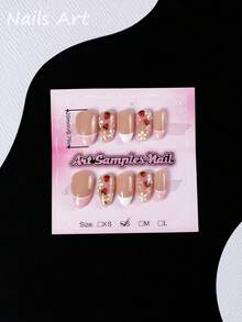 1 片手工制作的按压式美甲贴片。Y2K 经典法式风格，杏仁形甲片，手绘草莓和花朵图案，可爱美甲，情人节美甲，高端品质，可重复使用，适合日常佩戴和节日场合。 - 薑色 - 查看 4