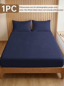 1pc Solid Color Fitted Sheet, Bedsheet, Bedding, Mattress Cover, Soft & Comfortable Bedroom Linens, Dust-Proof Bed Cover, Navy Blue, Skin-Friendly Bedsheet, Suitable For All Seasons, Fits Twin, Full, Queen Size Beds, Machine Washable, (Pillow Case Not Included), Perfect Holiday Gift - Navy Blue - View 2