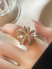 jealous young 1枚优雅多色花卉立方氧化锆女士结婚戒指，时尚饰品，适合日常、通勤、度假和旅行佩戴 - 彩色 - 查看 2