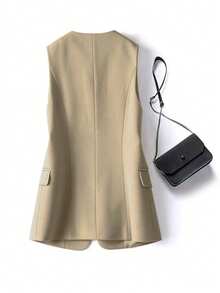 女士西装外套，新款秋季翻领马甲外套，纯色简约休闲款，女士双面纯色带衬里马甲，秋季服装，办公着装，女士商务西装外套，纯色口袋前襟纽扣办公外套，女士宽松秋季西装外套，翻领款式，通勤休闲修身百搭纯色女士西装外套，新款时尚优雅春季衬衫 - 卡其色 - 查看 2