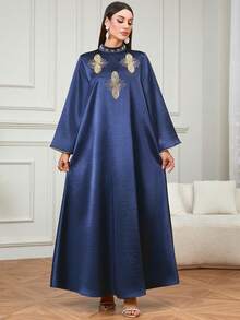 Women's Elegant Festival Long V-Neck Kaftan Robe/Jalabiya With Beaded And Embroidered Decor, Suitable For Home, Banquet, Wedding And Other Important Occasions Spring - Navy Blue - View 1