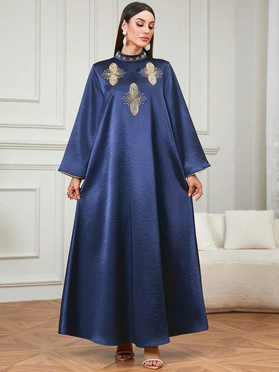 Women's Elegant Festival Long V-Neck Kaftan Robe/Jalabiya With Beaded And Embroidered Decor, Suitable For Home, Banquet, Wedding And Other Important Occasions Spring - Navy Blue - View 1