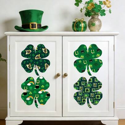 1/2 piezas Pegatina de pared autoadhesiva del Día de San Patricio, PVC impermeable y removible con un sombrero verde y un trébol de cuatro hojas con la palabra "Suerte", perfecto para la decoración del hogar y el arte de pared.