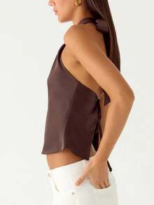 Women Satin Halter Top Y2K Twist Front Off The Shoulder Back Tie Up Silk Crop Tank Top Summer Backless Sleeveless Vest Camisole Shirt Party Club Elegant Going Out Tops - 卡其色 - 查看 3