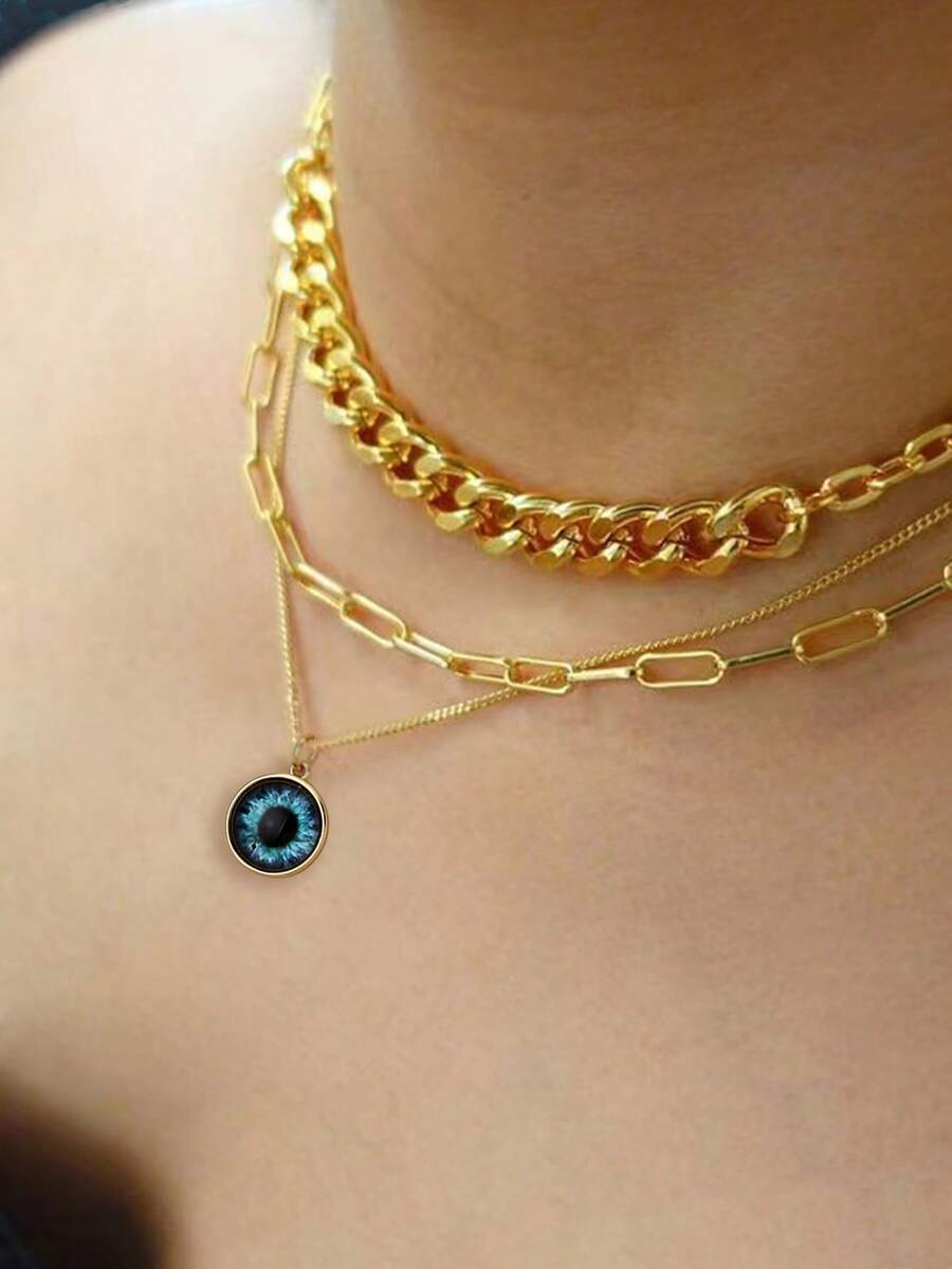 Nooxian 3pcs/Set Minimalist Evil Eye Layered Necklace, Unique Design Clavicle Chain Necklace Set For Women - Yellow Gold - View 1