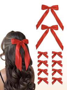 10pcs Ribbon Long Tail Double-Layer Bow Hair Clips, Mini Bow Hair Pins, Hair Ties For Girls, Valentine's Day Party, Black & Red - Multicolor - View 13