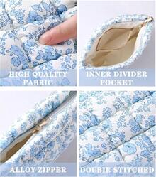 Floral Quilted Makeup Bag Travel Cosmetic Toiletry Organizer Pouch - 藍色花卉 - 查看 5