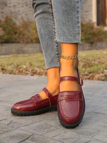 Spring/Autumn New Retro British Style Round Toe Flat Mary Jane Shoes, Versatile - Burgundy - View 4