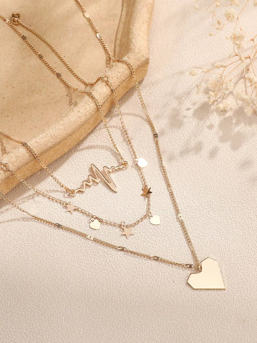 3件套情人节心形、星形、心电图形状吊坠多层项链（扁平包装，数量和间距随机） - 金黃色 - 查看 1