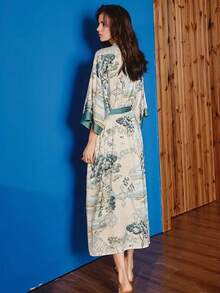 Vintage Loose 3/4 Sleeve Elegant Fashionable Printed Mid-Length Kimono Cardigan, Casual Homewear Belted Sexy Robe Sleepwear Lightweight Summer Beach Dress Cover Up Swimsuit Wrap - 白色 - 查看 3