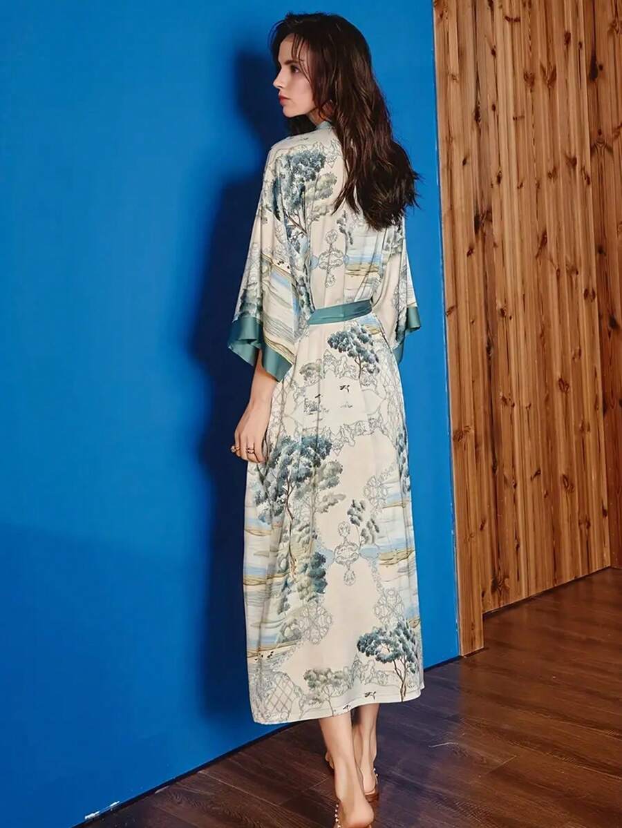 复古宽松七分袖优雅时尚印花中长款和服开衫，休闲家居服系带性感睡袍轻薄夏季沙滩裙罩衫泳衣裹身白色春季 - 白色 - 查看 1