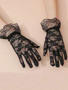 1 Pair Women's Elegant Short Gloves With Rhinestones, Mesh, Lace Trim And Bow Accent - White - View 10