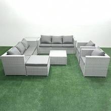 Fimous Outdoor Rattan Garden Furniture Set 9 Seater Patio Lounge Sofa Set With 2 Armchairs Side Table Square Coffee Table Big Footstool Light Grey - Light Grey - View 4