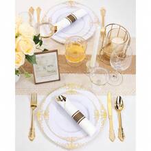 Host 50 Guests In Style With This 350-Piece Gold Plastic Dinnerware Set, Including 100 Disposable Plates, 150 Silverware Pieces, 50 Cups, And 50 Napkins, Perfect For Elegant Weddings, Parties, Or Any Special Occasion. - Gold - View 7