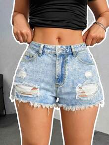Women's Casual Ripped Denim Shorts Non-Stretch Frayed Hem Light Wash - Blue - View 1