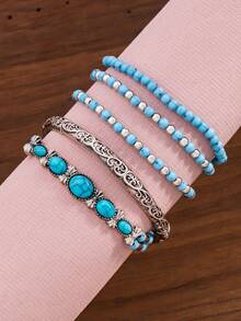 1 Set de pulseras estilo bohemio vintage elegante con cuentas de turquesa para mujeres - Multicolor - Ver 2