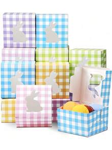 12pcs Easter Gift Boxes - Cardboard Boxes With Rabbit Shape Window - Easter Candy Container And Cookie Basket - Spring Gift Boxes (Plaid Pattern), Rabbit Gift Boxes, Suitable For Wedding Birthday Party Favors, Easter Snack Boxes - Multicolor - View 11