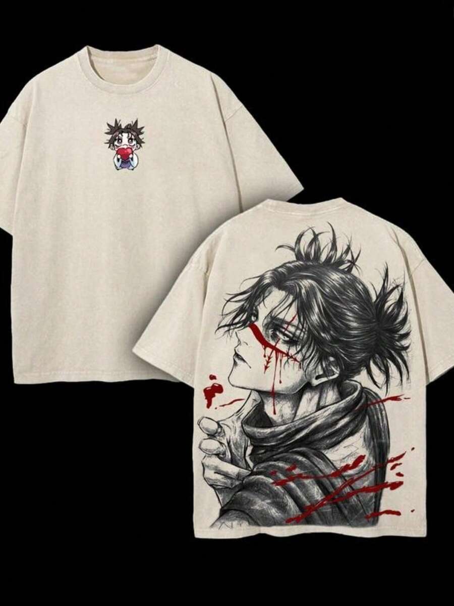 Men's Washed T-Shirt - Anime Y2K Print, INS American Retro Style, Unique,  And Loose Fit Anime Character With Blood Stains Graphic Tees T Shirt Men Streetwear - 杏色 - 查看 1