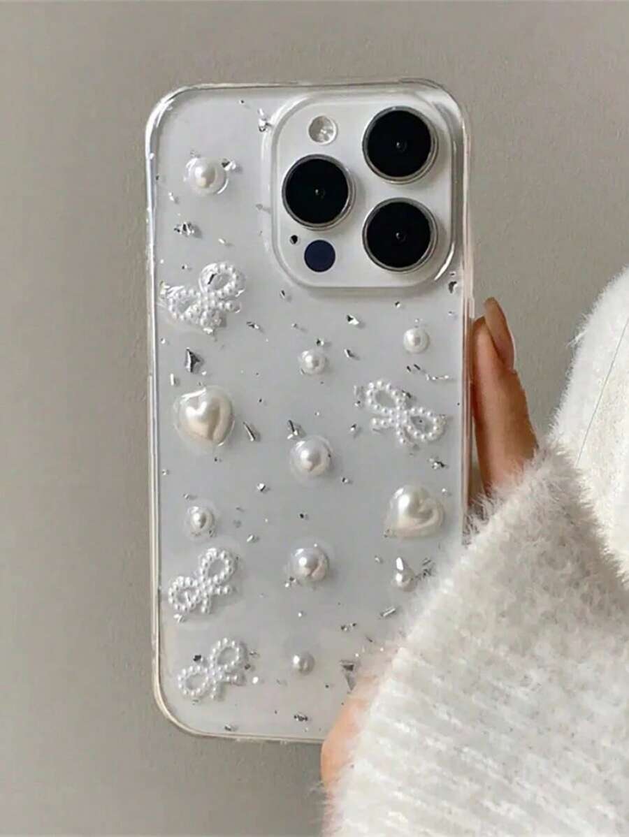 1GKT 3D Pearl Bow Glitter Epoxy Phone Case For IPhone 17 Pro Max 16 15 14 13 12 11 Pro Max Mini XR X XS Max 7 8 Plus Soft Silicone Cute Clear Luxury Silver Foil Cover - 無色 - 查看 1