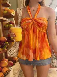 Women's Y2K Vacation Camisole - Orange Yellow Tie-Dye, Twist Front Ruffle Hem Babydoll Dress, Women's Summer Clothing, Elegant Romantic Style, Valentine's Day Outfit, Party Dress, Music Festival Outfit, Beach Wear, Casual Tops, Holiday Attire, Spring Summer Daily Wear, Wedding Guest Dress, Carnival Costume - Multicolor - View 4