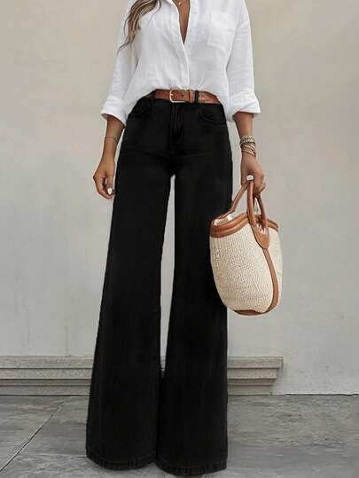 Damen Casual Straight-Leg Jeans, vielseitig und bequem für den täglichen Gebrauch, Schwarz Frühling