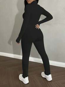 2pcs Women's Fashionable Fitted Solid Color Top With Zipper Jacket And Pants Set, Spring/Autumn - Black - View 5
