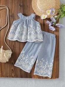 Baby Girls' Fashion Casual Cute Set, Stylish Off-Shoulder Ruffle Trim Sleeveless Top + Loose Striped Pants - Blue - View 2