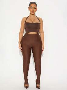 Trioutop Quần legging nữ cạp cao, màu trơn, kiểu dáng thường ngày, đa năng, thích hợp mặc hàng ngày, mùa xuân. - màu nâu - Xem 4