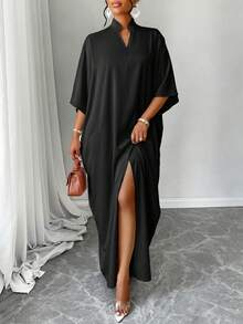 Women's Loose Batwing Sleeve Long Dress, Arabic Style With Notched Collar And Slit Design - Kose - View 3