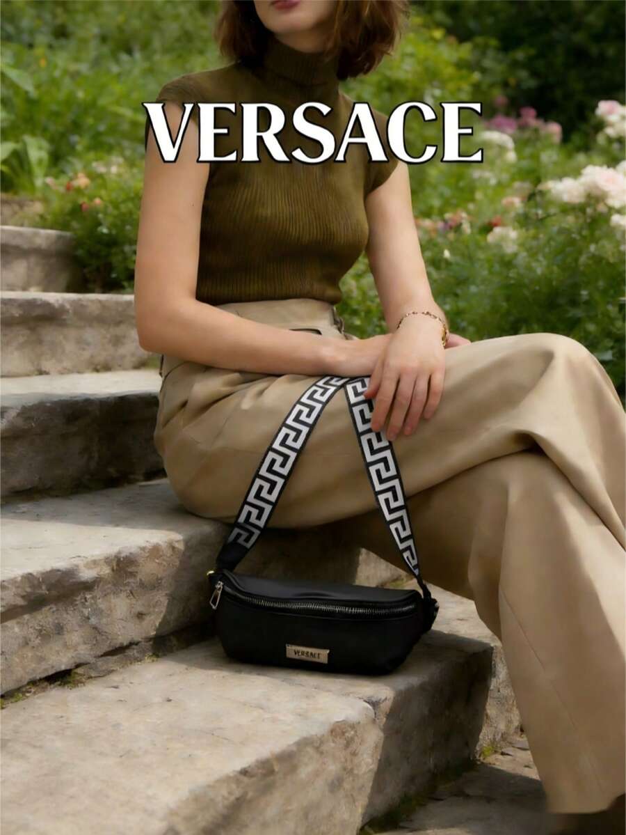 Versace 香水系列黑色化妆包 - 希腊回纹图案可调节肩带斜挎包，时尚单肩包，配有可调节肩带，奢华设计师旅行包，适合日常使用 - 黑色 - 查看 1
