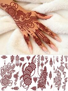 4pcs Full-Hand Floral Henna Tattoo Stickers, Brownish-Red Finger And Toe Tattoo Stickers, Women's Floral Henna Tattoo Stickers, Waterproof Reddish-Brown Body Art Tattoo Stickers, Body Makeup Art Tattoo Stickers, Red Tattoo Stickers Specially For Weddings And Parties. - Red - View 9