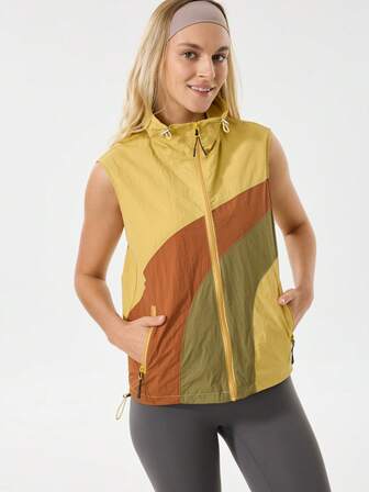 Women's Sleeveless Sports Vest Jacket, Fashion Personalized Rainbow Patchwork Contrast Color Design, Zipper, Adjustable Collar And Hem, Versatile For Daily & Outdoor Activities