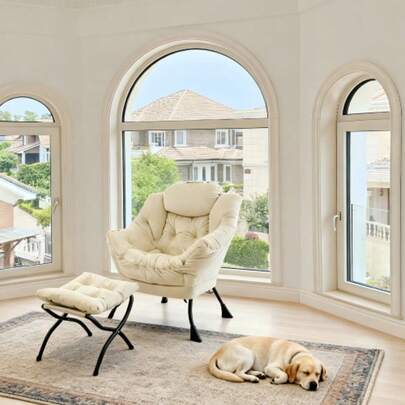 Armchair With Footstool, Chaise Longue With Armrests, Side Pockets And Footrest, Lounge Chair, TV Chair, Wing Chair (Beige) For The Living Room, Bedroom, Office