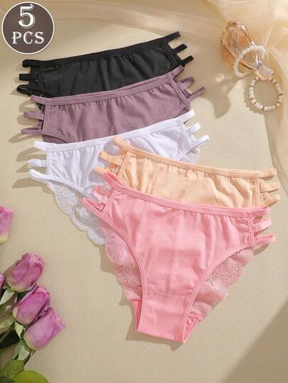 5pcs/Pack Women's Multicolor Lace Patchwork Hollow-Out Breathable Low-Waist Sexy Bikini Briefs