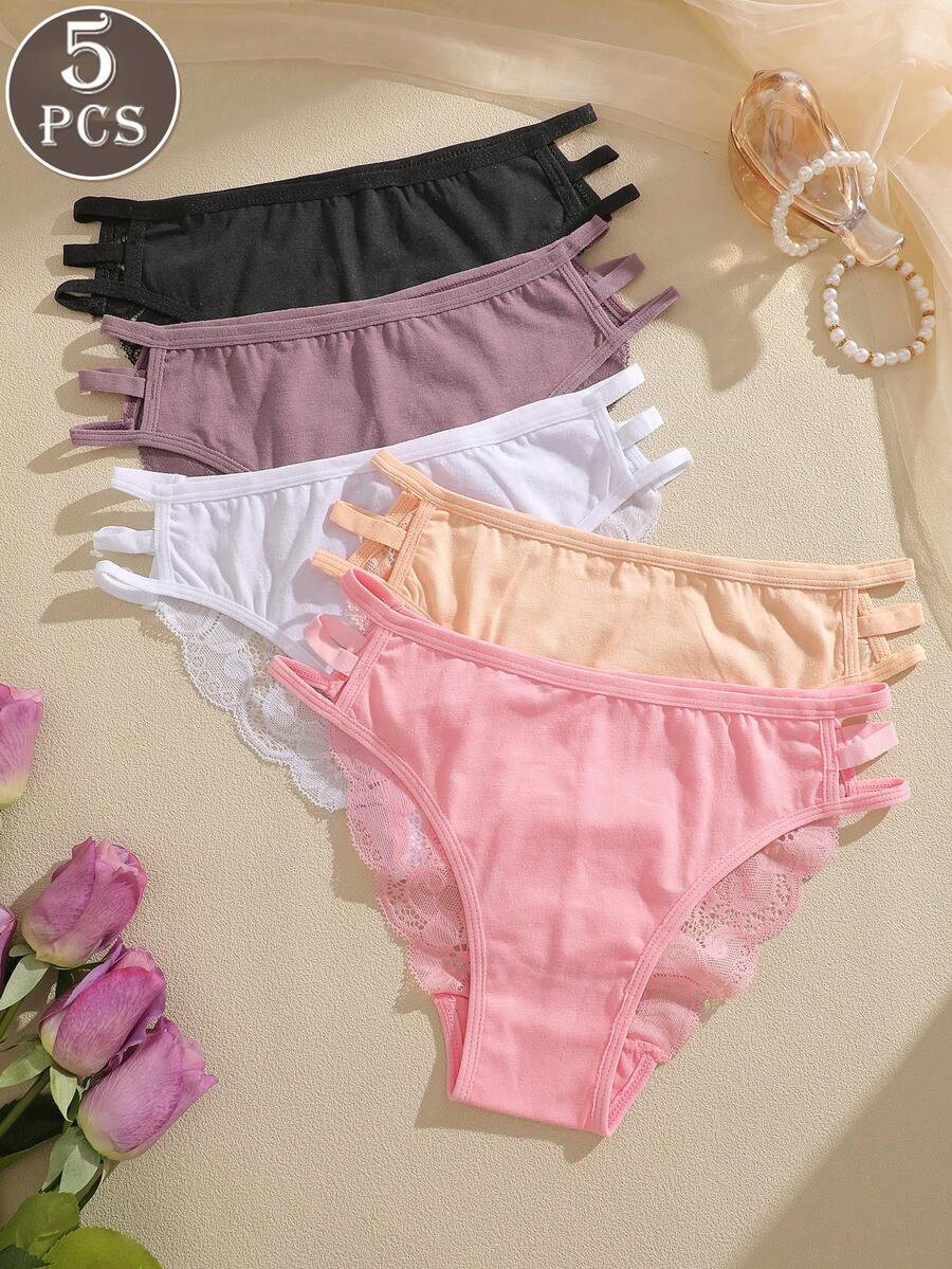 5pcs/Pack Women's Multicolor Lace Patchwork Hollow-Out Breathable Low-Waist Sexy Bikini Briefs - Multicolor - View 1