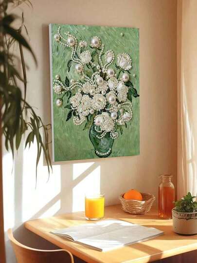 New Pearl Painting, Flower Theme Frameless Diy Handmade Diamond-Glued Creative Canvas Art Painting, Suitable For Bedroom Decoration, Living Room Hanging Painting, Room Decoration, Art, Birthday Gift For Girlfriend And Holiday Gift For Best Friend. Christmas, New Year, Valentine's Day Gifts