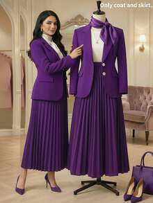 Bộ váy áo cỡ lớn màu tím thanh lịch, bao gồm áo khoác blazer cổ bẻ và chân váy xếp ly, thích hợp cho nữ mùa xuân. - Màu tím - Xem 3